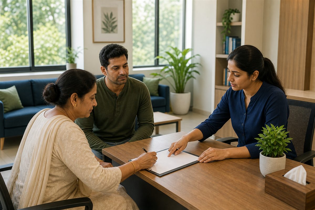 Family member completing a confidential admission enquiry form at a rehabilitation centre reception