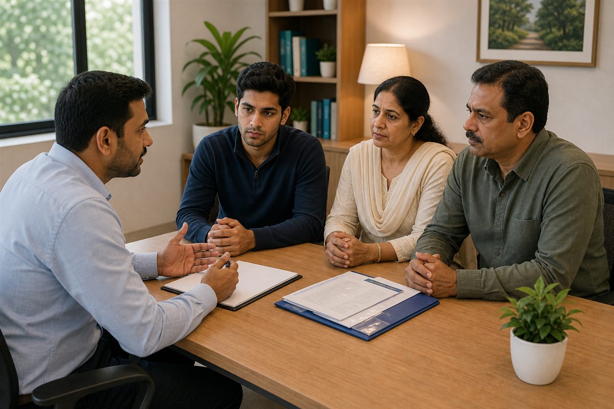 Counselor discussing admission suitability and safety assessment with a patient and family members