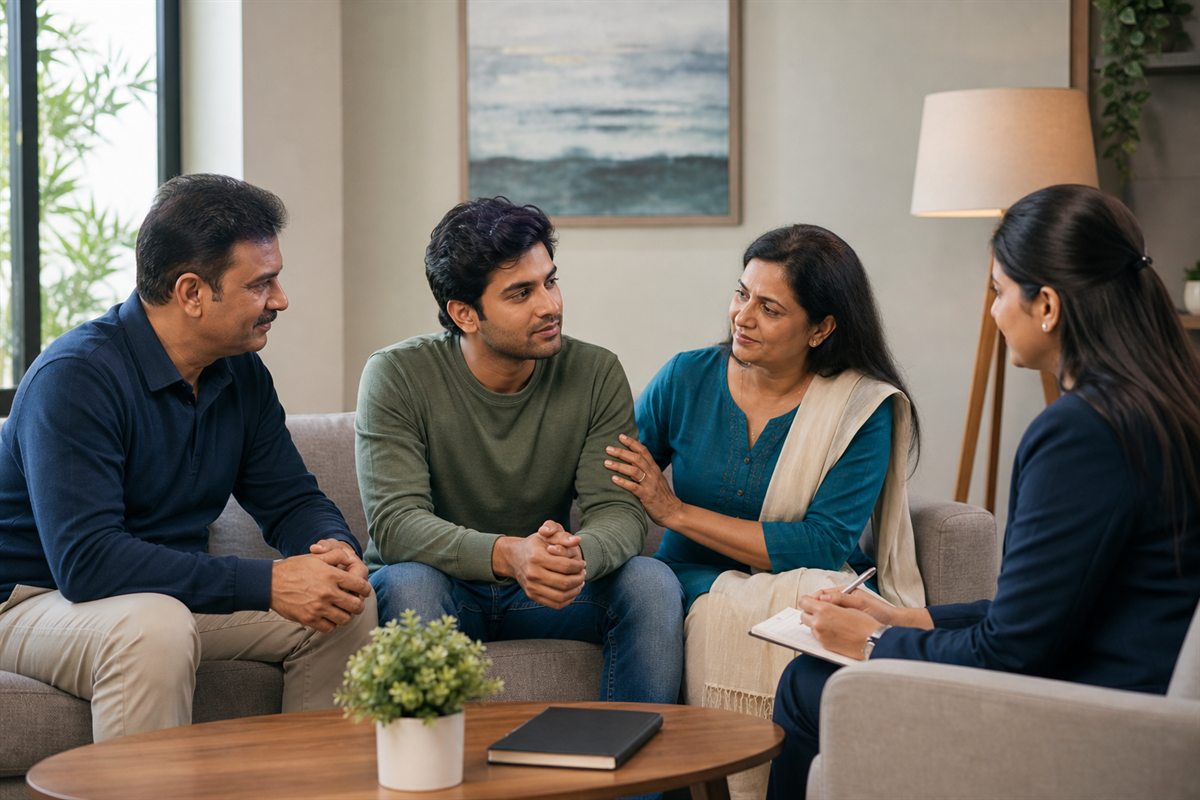 Indian family in a private counseling session discussing alcohol addiction warning signs with a professional counselor