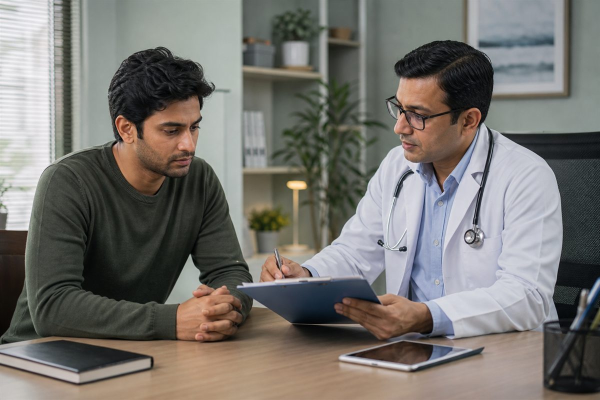 Doctor reviewing a health report with a patient during medical assessment for alcohol dependence and withdrawal risk