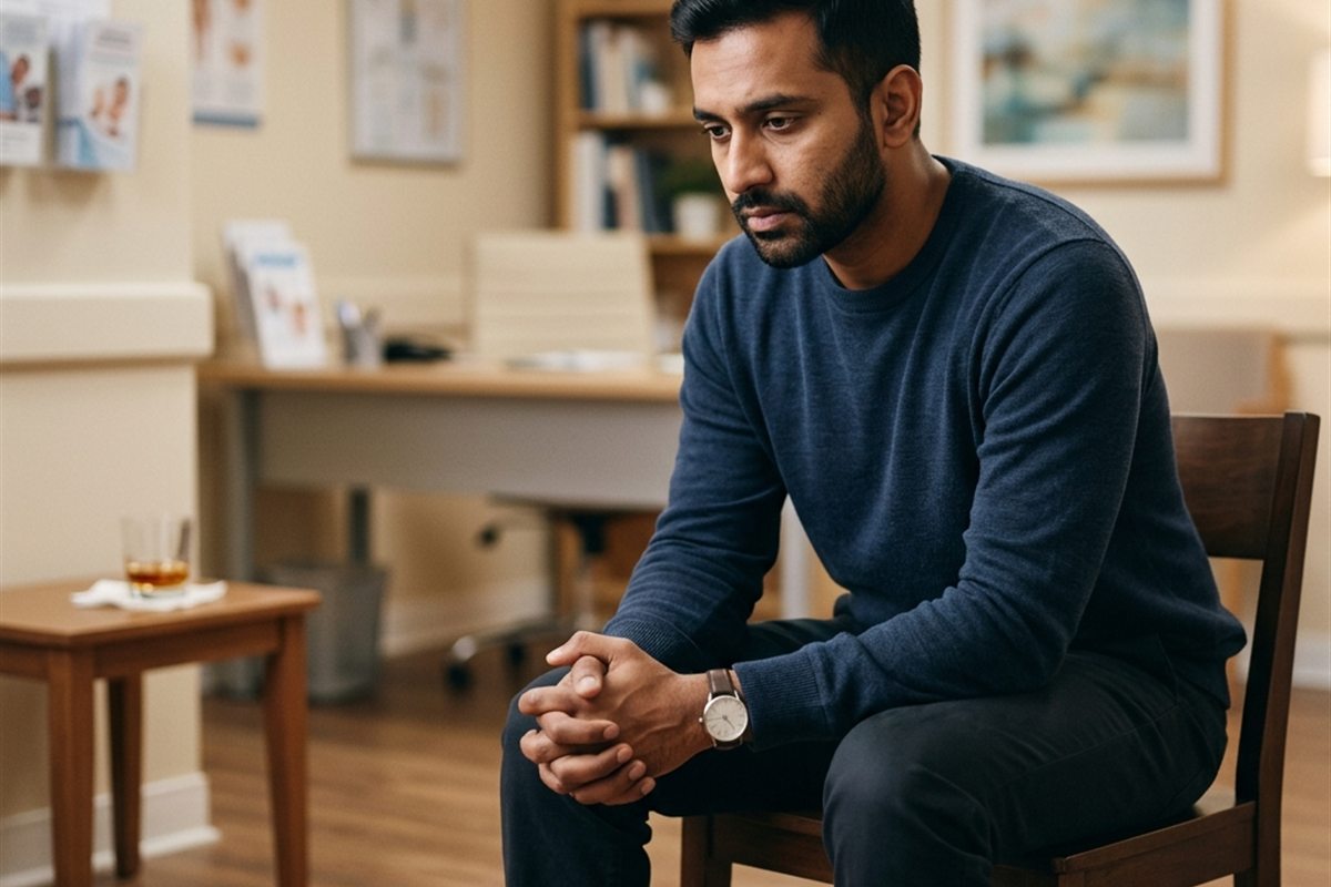 A stressed person sitting alone with a blurred glass in the background representing alcohol dependence warning signs