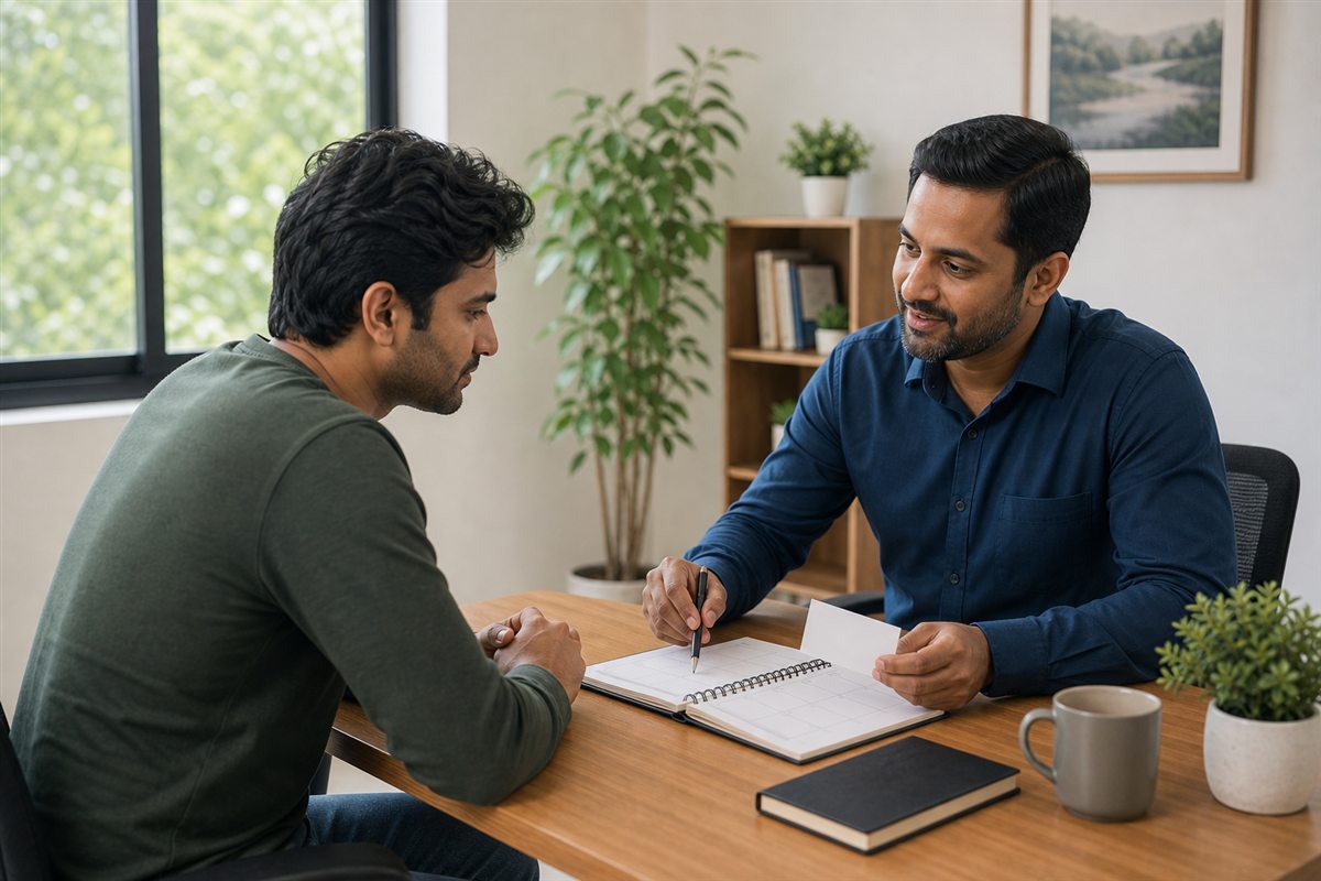 Counselor and patient reviewing an aftercare routine plan before returning to daily life after drug recovery