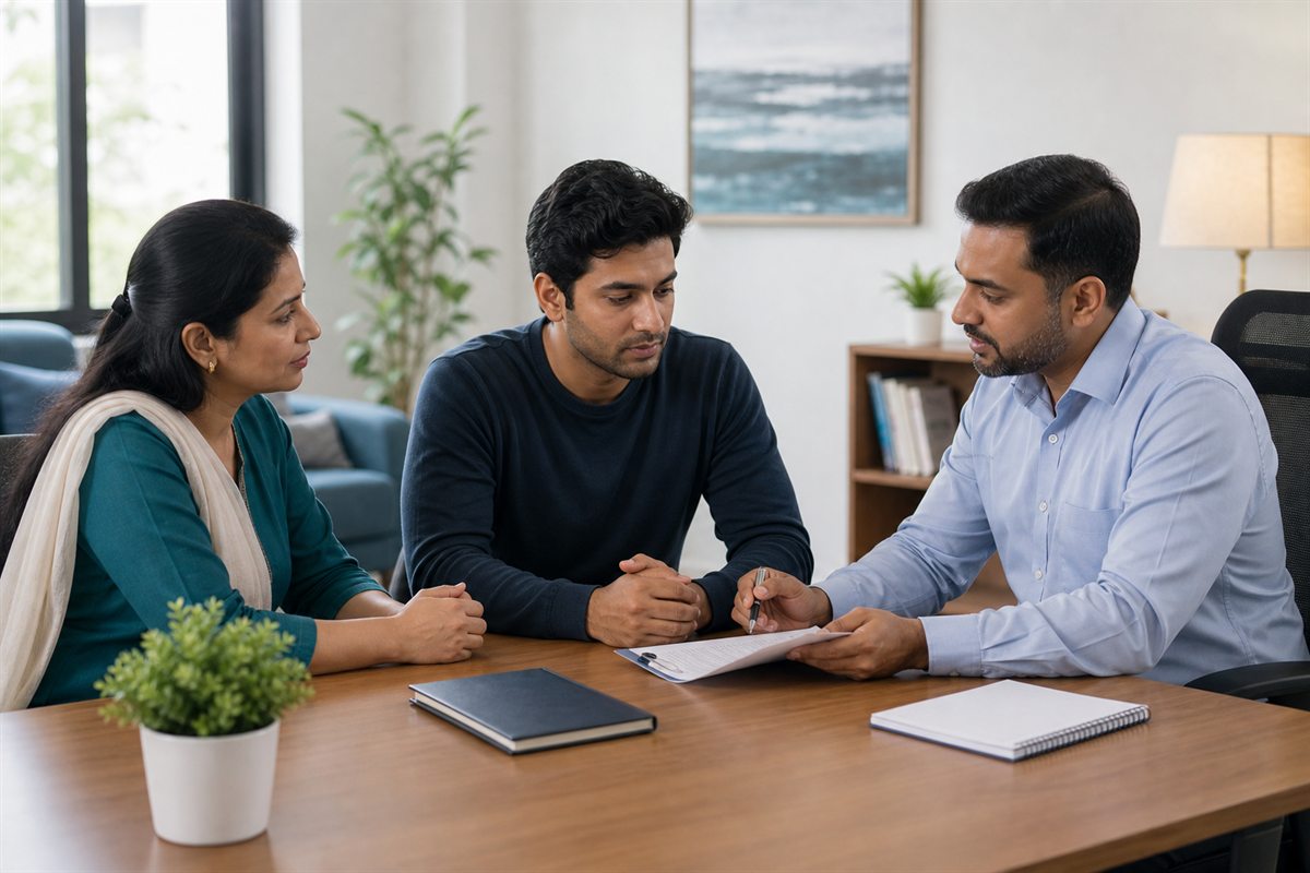 Counselor completing an honest drug addiction recovery assessment with a patient and family member