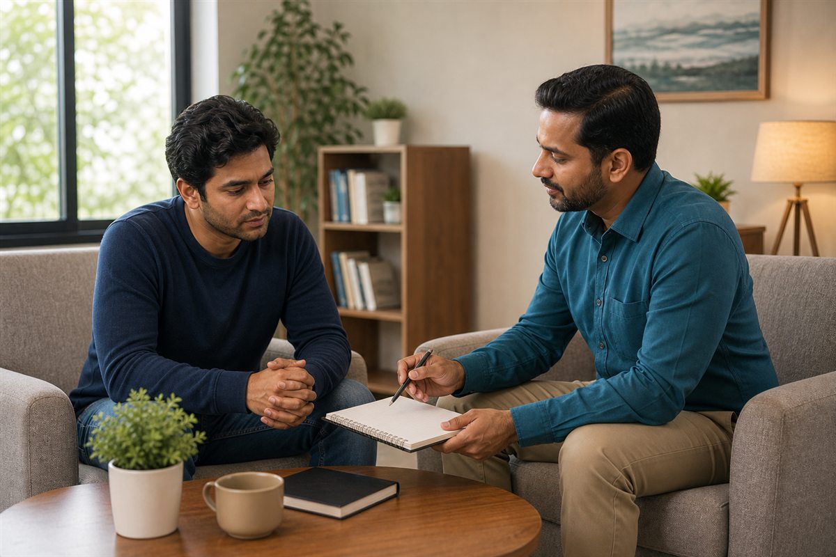 Counselor guiding a patient through behavior change planning during drug addiction recovery