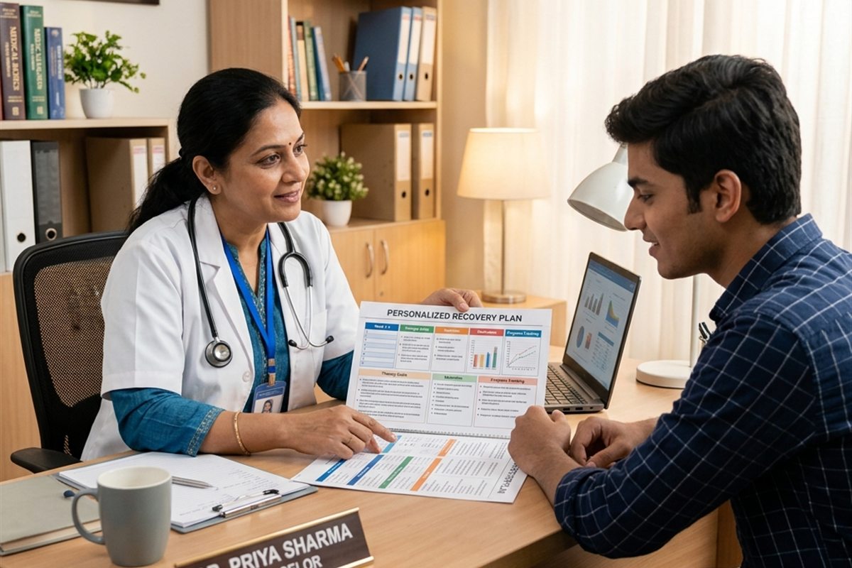 A professional counselor showing a structured drug addiction recovery plan to a patient in a clinic