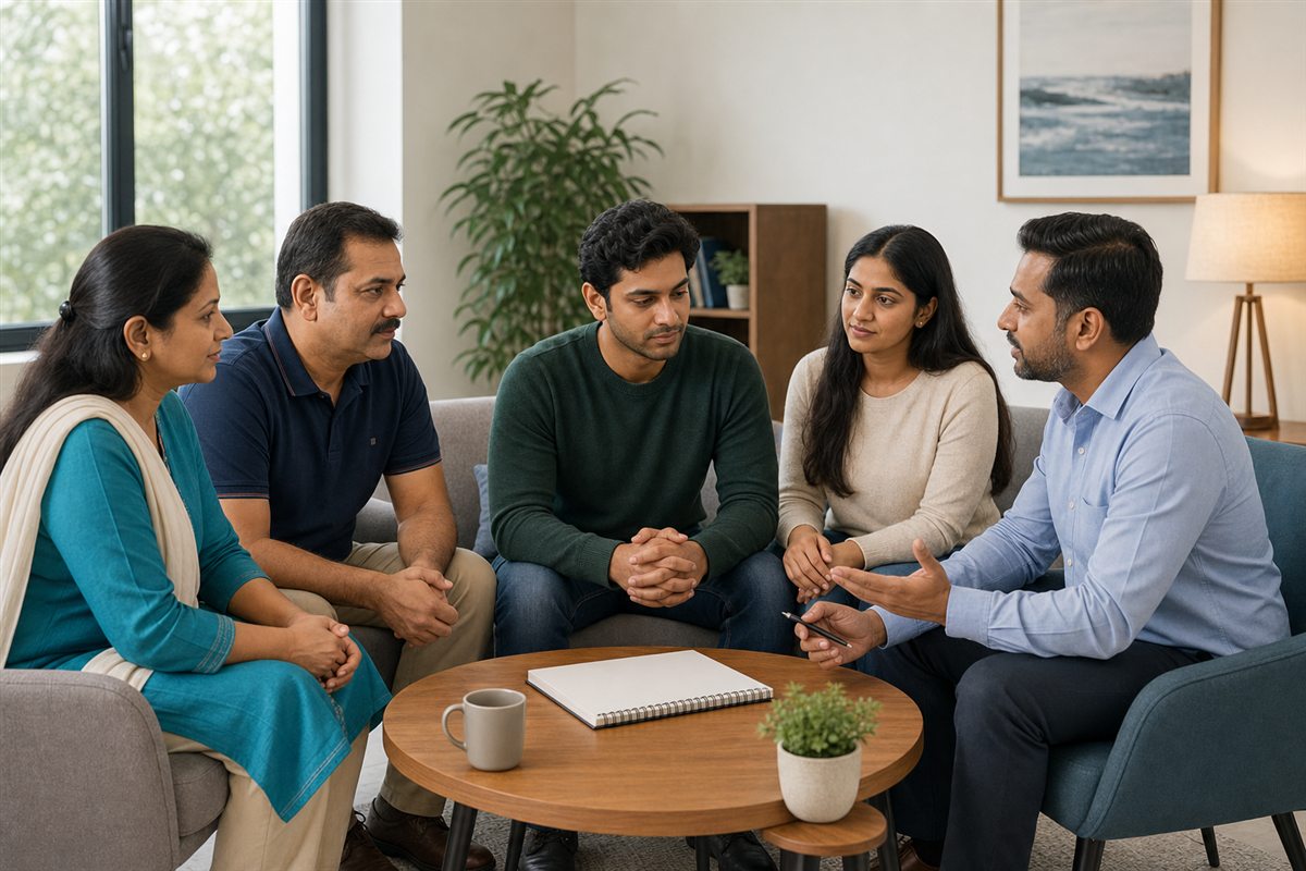 Family counseling session at a rehabilitation centre focused on communication boundaries and recovery planning