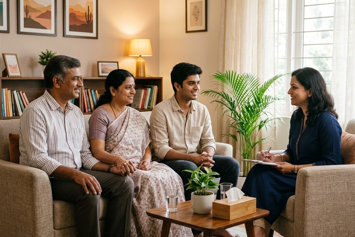 Indian family counseling session with parents and adult child supported by a professional counselor