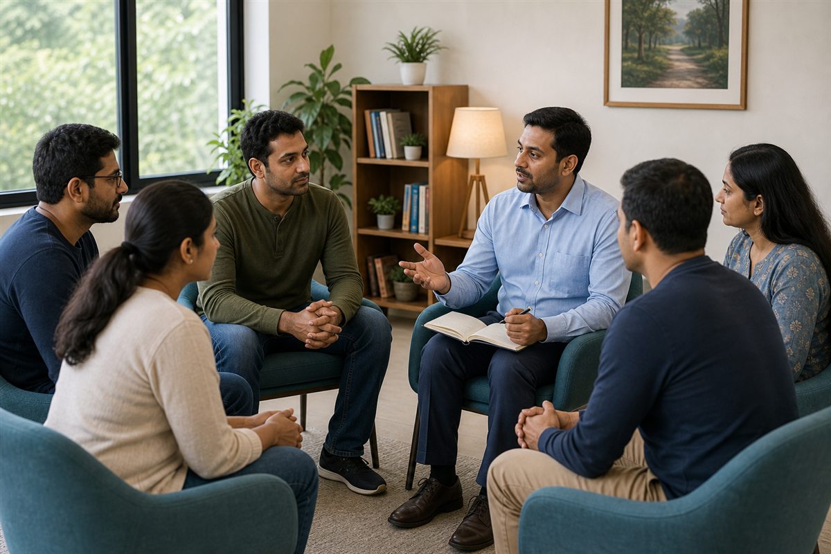 Small group counseling session inside a rehabilitation centre for addiction recovery peer support