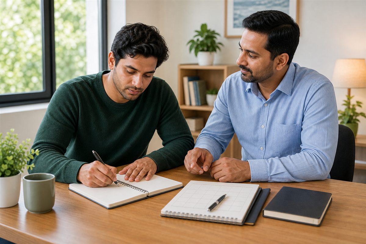 Counselor guiding a person as they write a structured daily addiction recovery routine in a journal