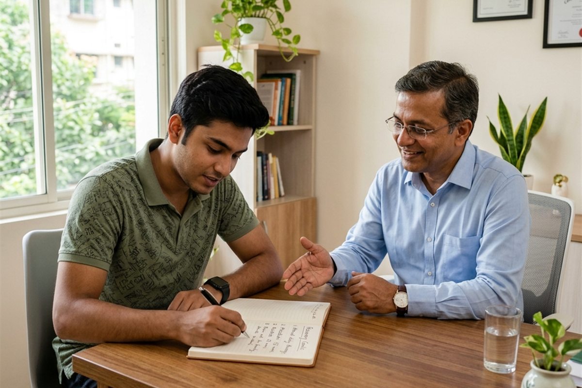 Counselor guiding a person writing addiction recovery goals in a notebook — practical nasha mukti tips