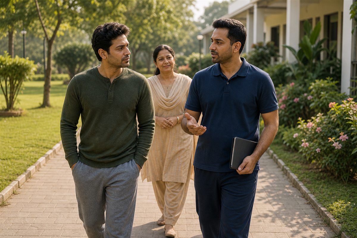 Recovering person walking with a counselor and family support as part of a healthy relapse prevention routine