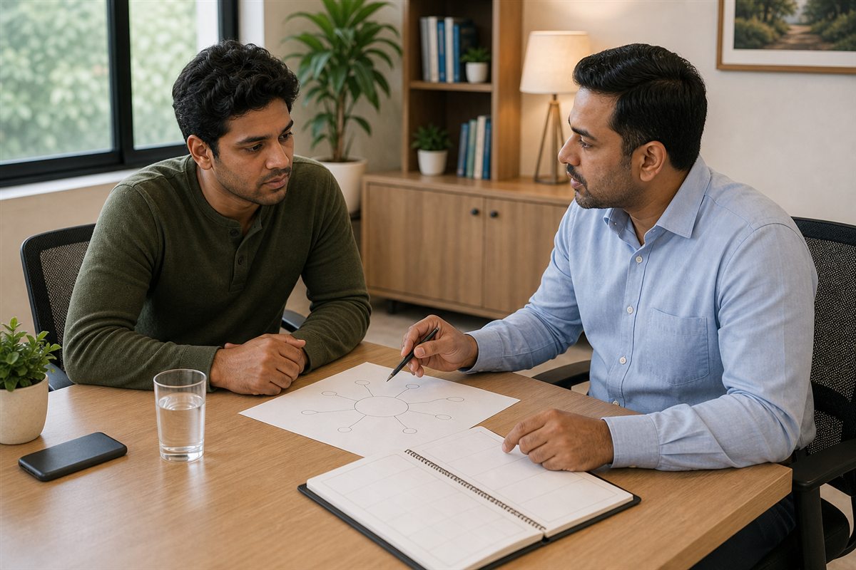Counselor and recovering person preparing a trigger list and craving action plan for relapse prevention
