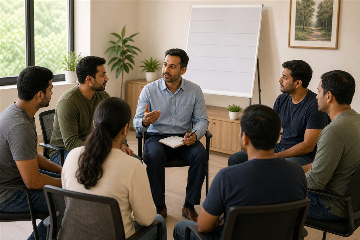 Small recovery group following a structured daily routine and counseling session inside a rehabilitation centre