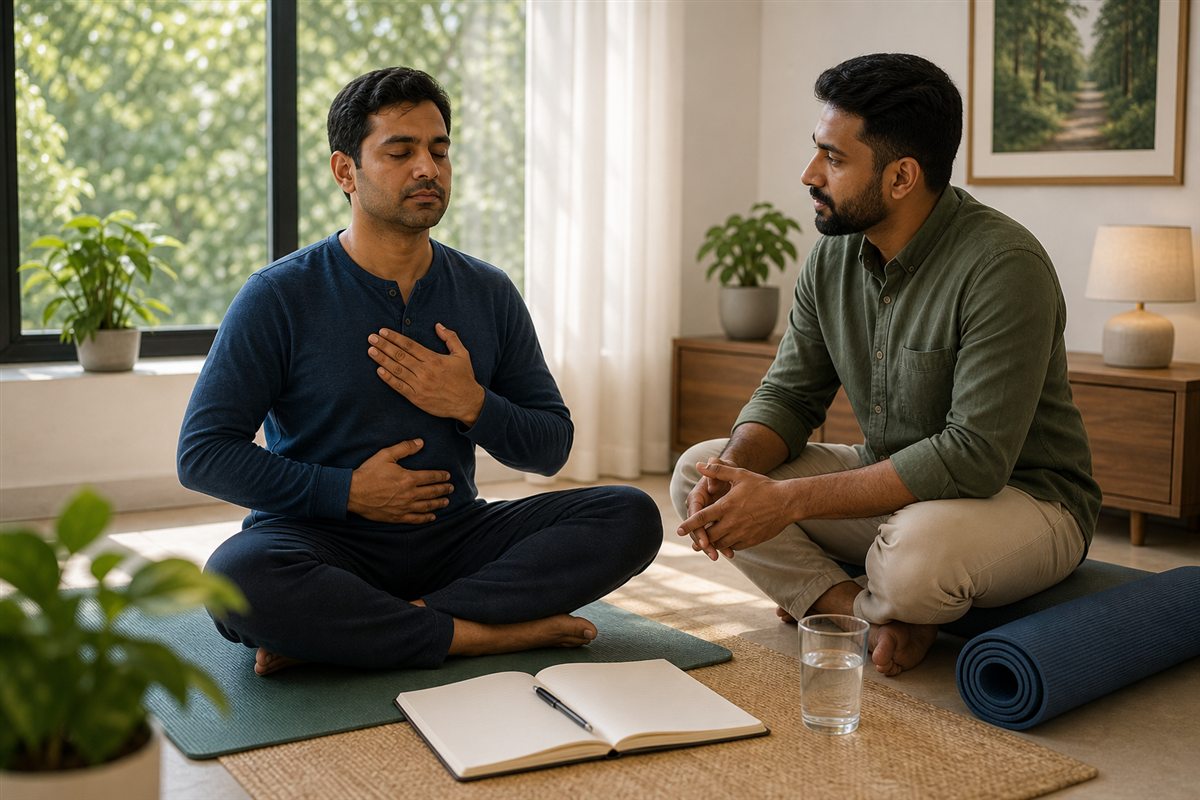 Recovery participant practicing gentle breathing with a journal and counselor support nearby